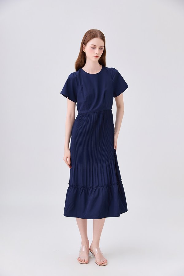 Teresa Pressed Pleat Midi Dress In Navy