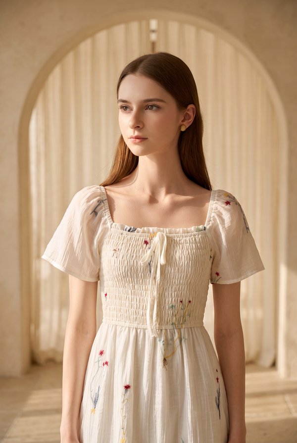 Fiora Embroidered Smocked Dress In Cream