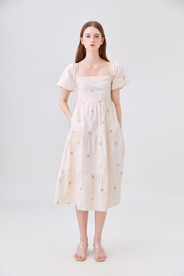 *ONLINE EXCLUSIVE* Elaina Embroidery Floral Crochet Midi Dress In Cream