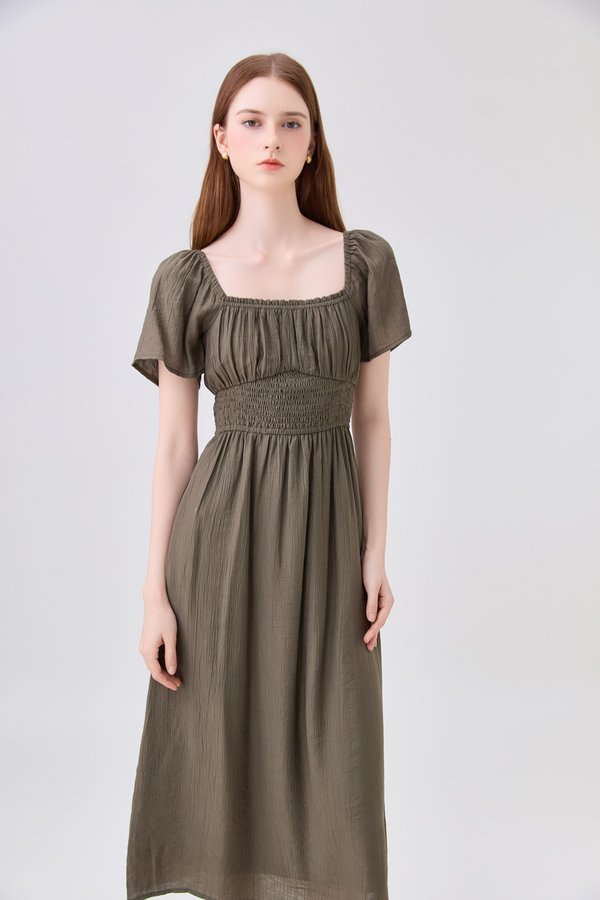 Elianna Textured Smocked Waist Midi Dress In Olive