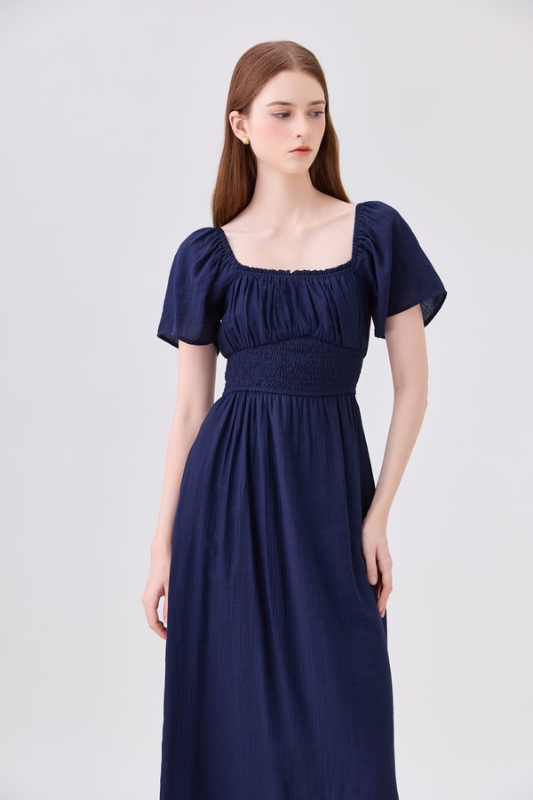 Elianna Textured Smocked Waist Midi Dress In Navy