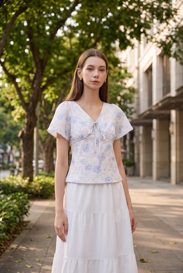 Reina Pastel Floral Ribbon Top In Soft Blue