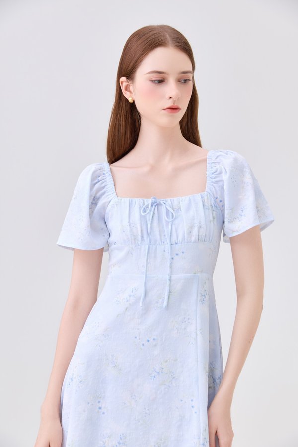 Soraya Ruched Floral Midi Dress In Soft Blue