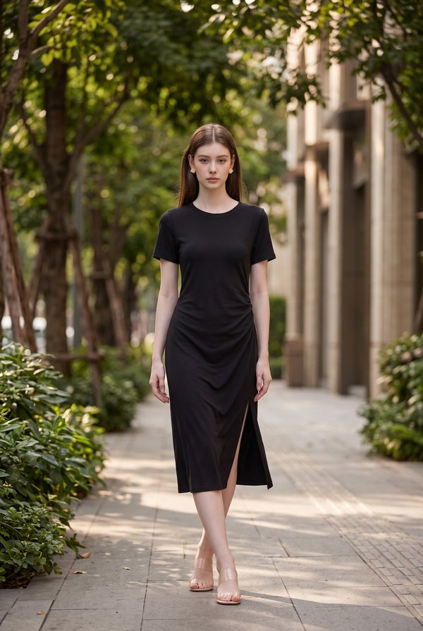 Osborn Side Ruched Midi Dress In Black