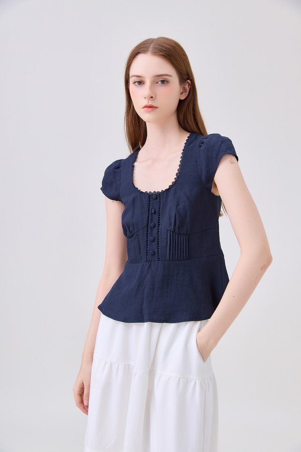 Khloe Pintuck Button Top In Navy