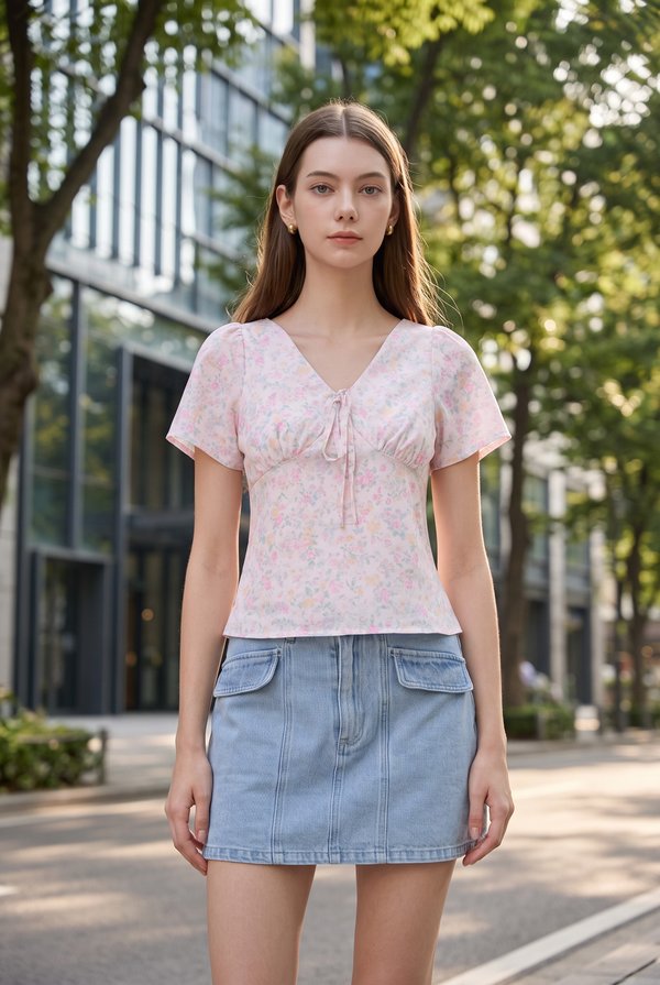 Reina Pastel Floral Ribbon Top In Soft Pink