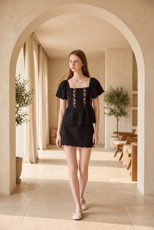 Rosalie Embroidered Eyelet Babydoll Top In Black