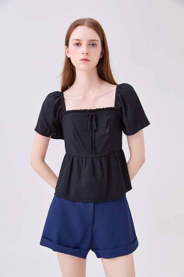 Zaya Textured Ribbon Babydoll Top In Black