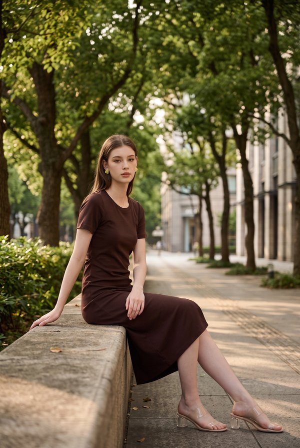 Osborn Cotton Slit Midi Dress In Brown