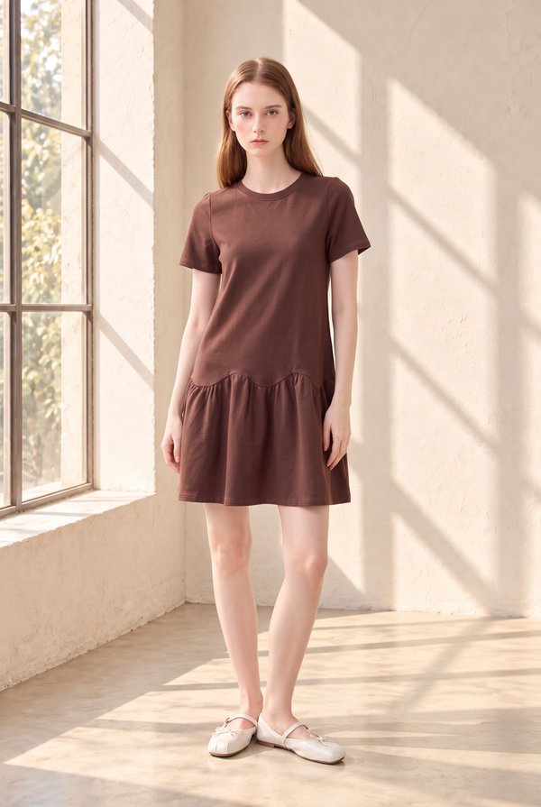 Tulia Cotton Scallop Dropwaist Dress In Brown