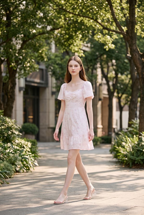 Rayne Eyelet Sweetheart Ruched Dress In Pink