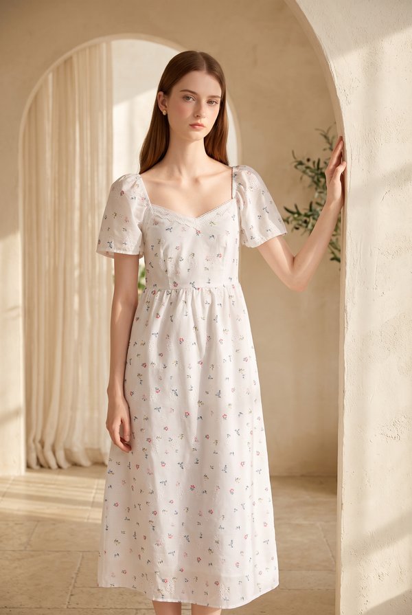 Delphine Floral Eyelet Midi Dress In White
