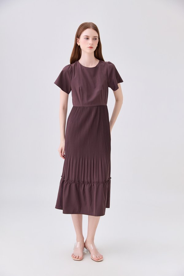 Teresa Pressed Pleat Midi Dress In Brown