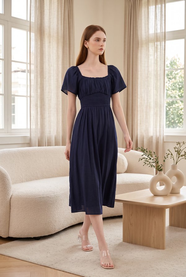Elianna Textured Smocked Waist Midi Dress In Navy