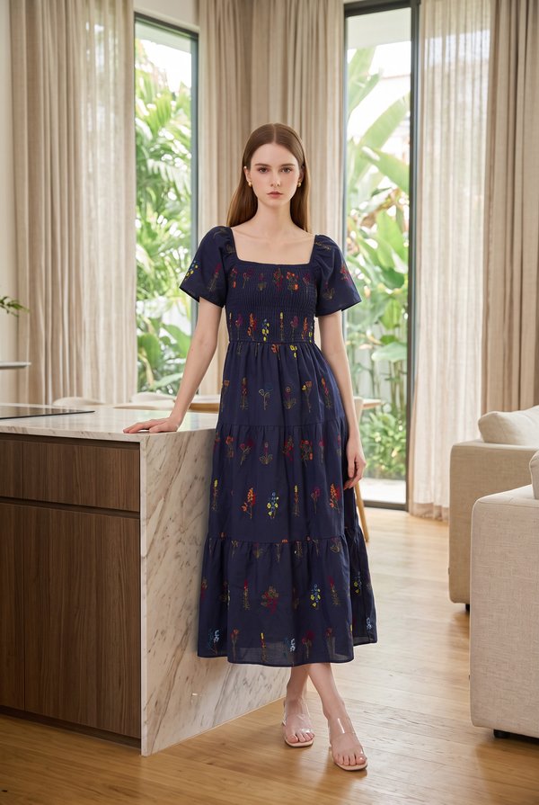 Aven Embroidered Floral Midi Dress In Navy