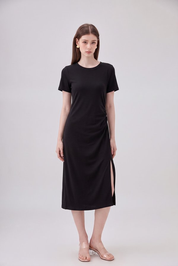 Osborn Side Ruched Midi Dress In Black