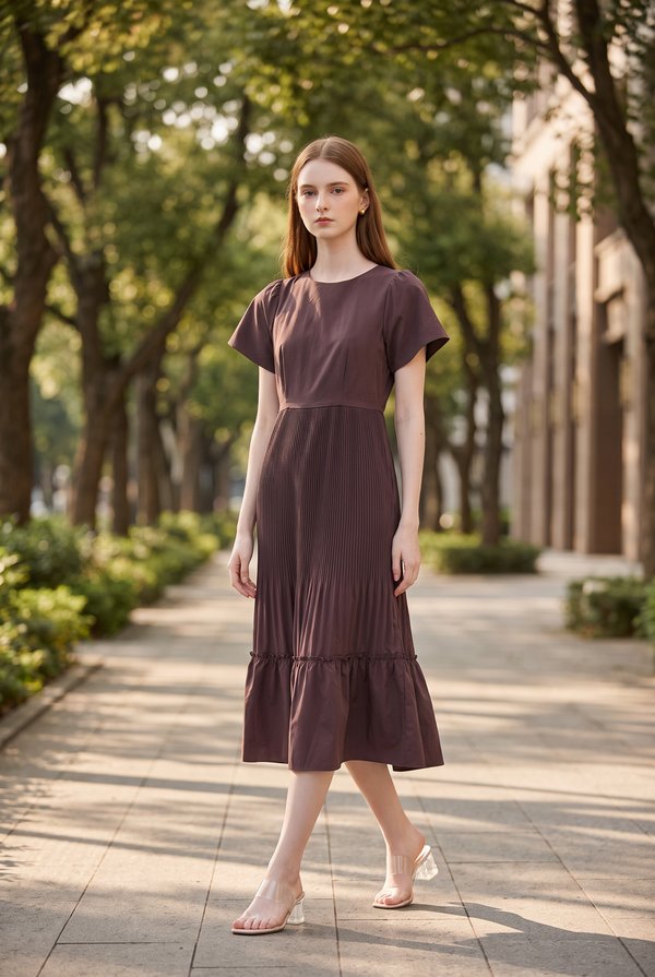 Teresa Pressed Pleat Midi Dress In Brown
