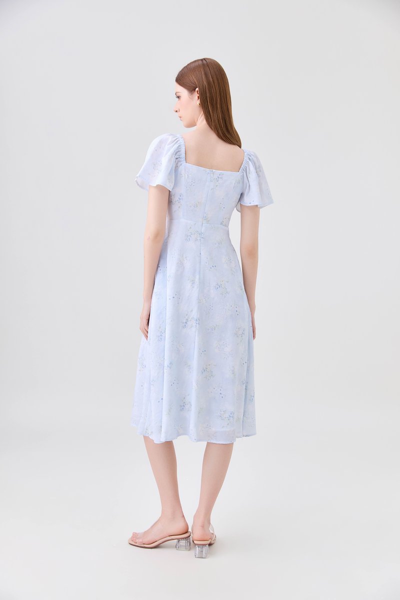 Soraya Ruched Floral Midi Dress In Soft Blue