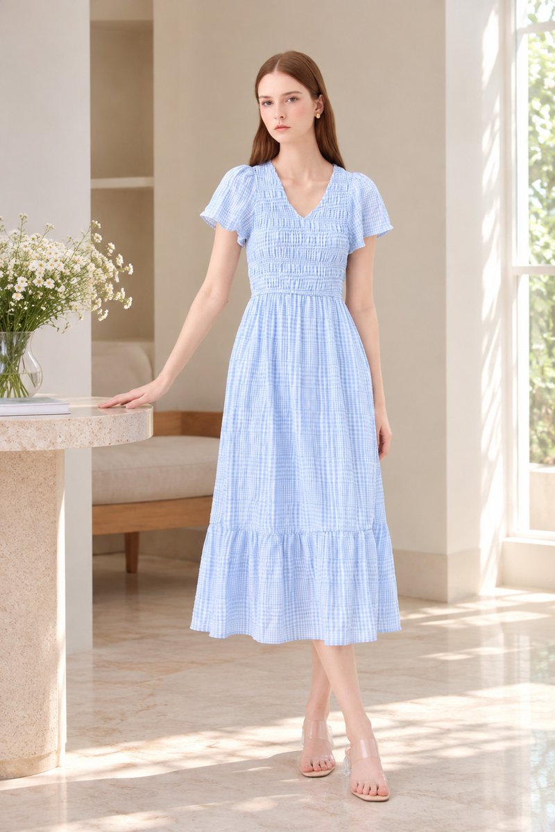 Brynlee Smocked Gingham Midi Dress In Blue