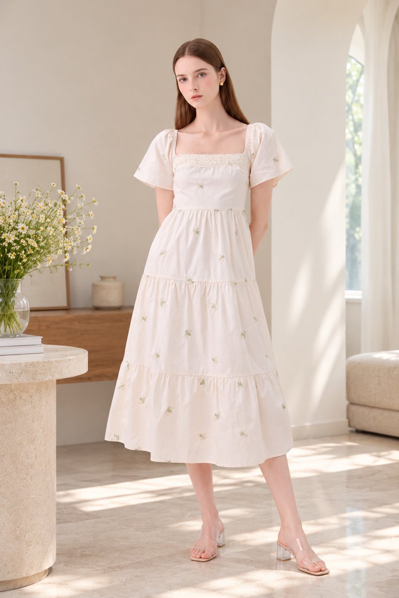 *ONLINE EXCLUSIVE* Elaina Embroidery Floral Crochet Midi Dress In Cream