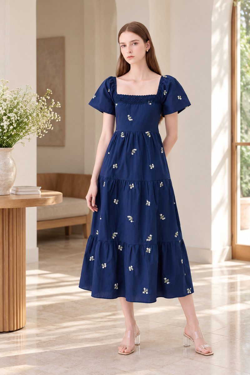*ONLINE EXCLUSIVE* Elaina Embroidery Floral Crochet Midi Dress In Navy