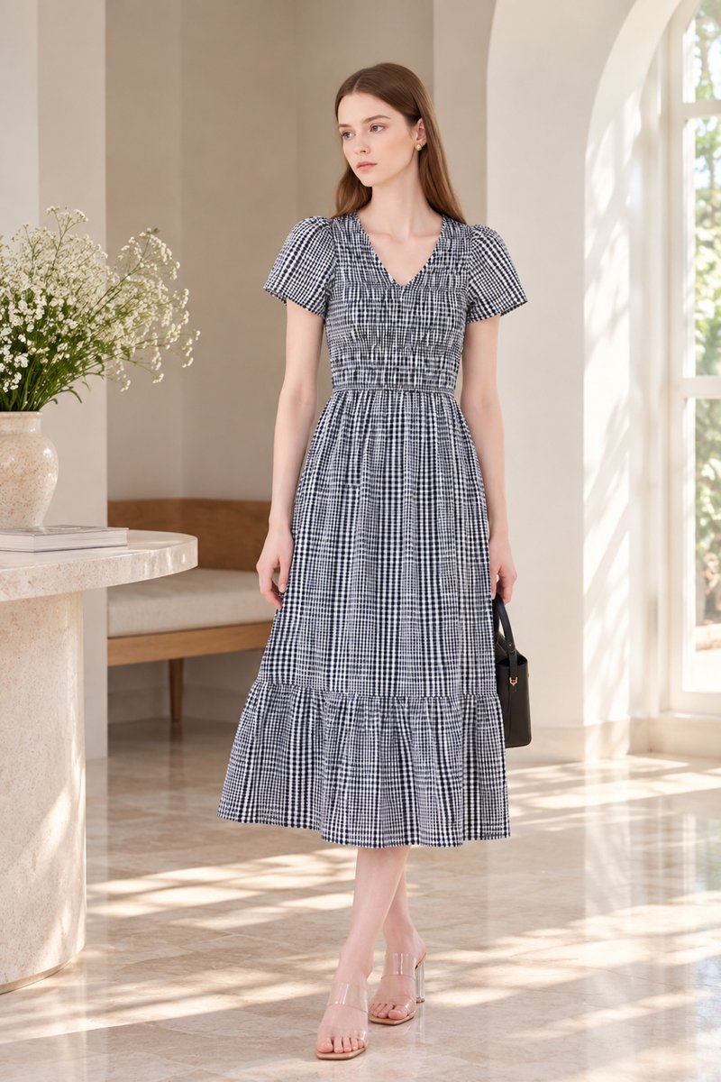 Brynlee Smocked Gingham Midi Dress In Black