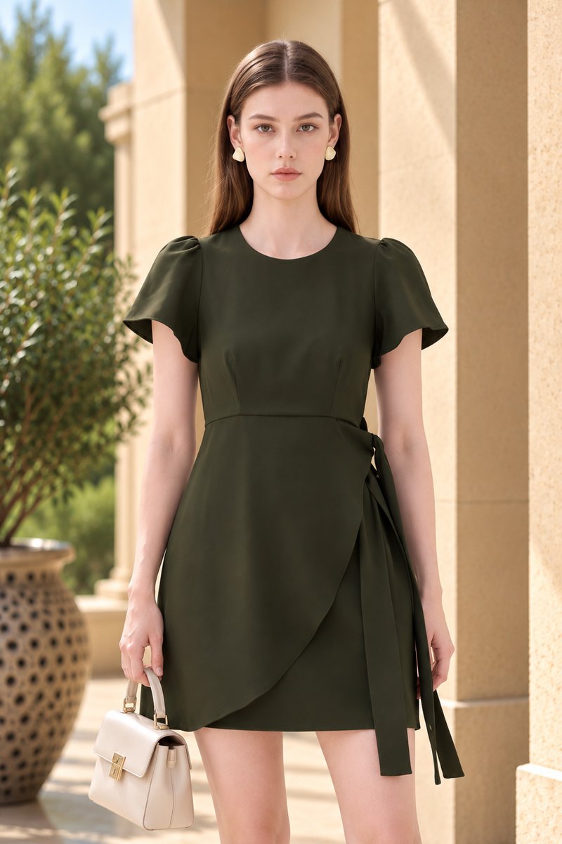 Alessia Faux Wrap Ribbon Dress In Olive