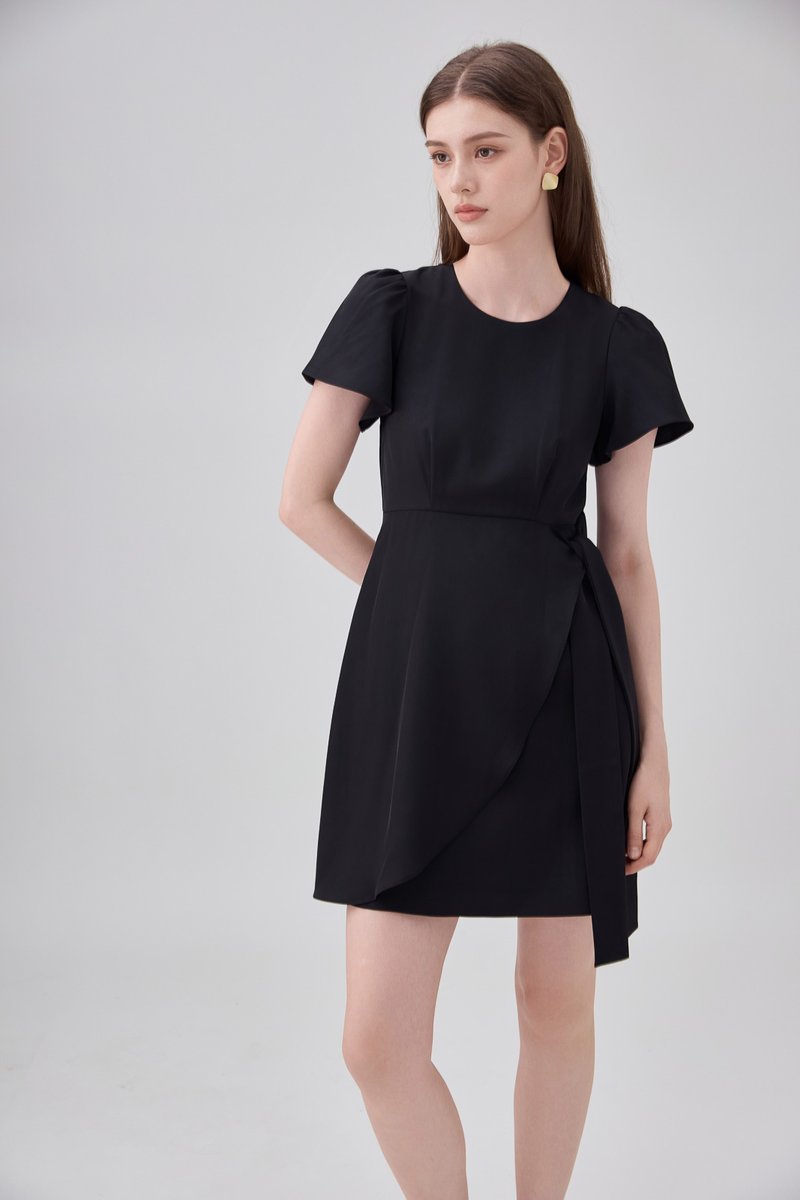 Alessia Faux Wrap Ribbon Dress In Black