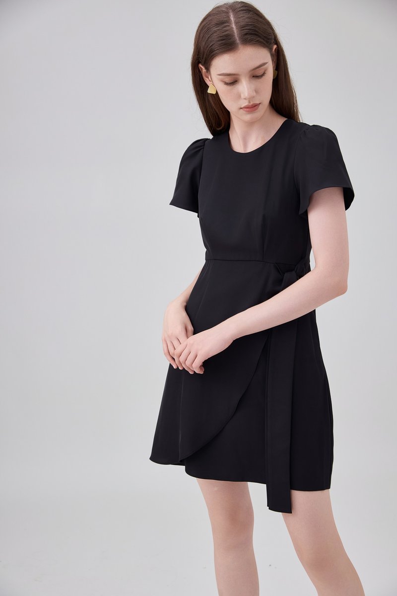Alessia Faux Wrap Ribbon Dress In Black