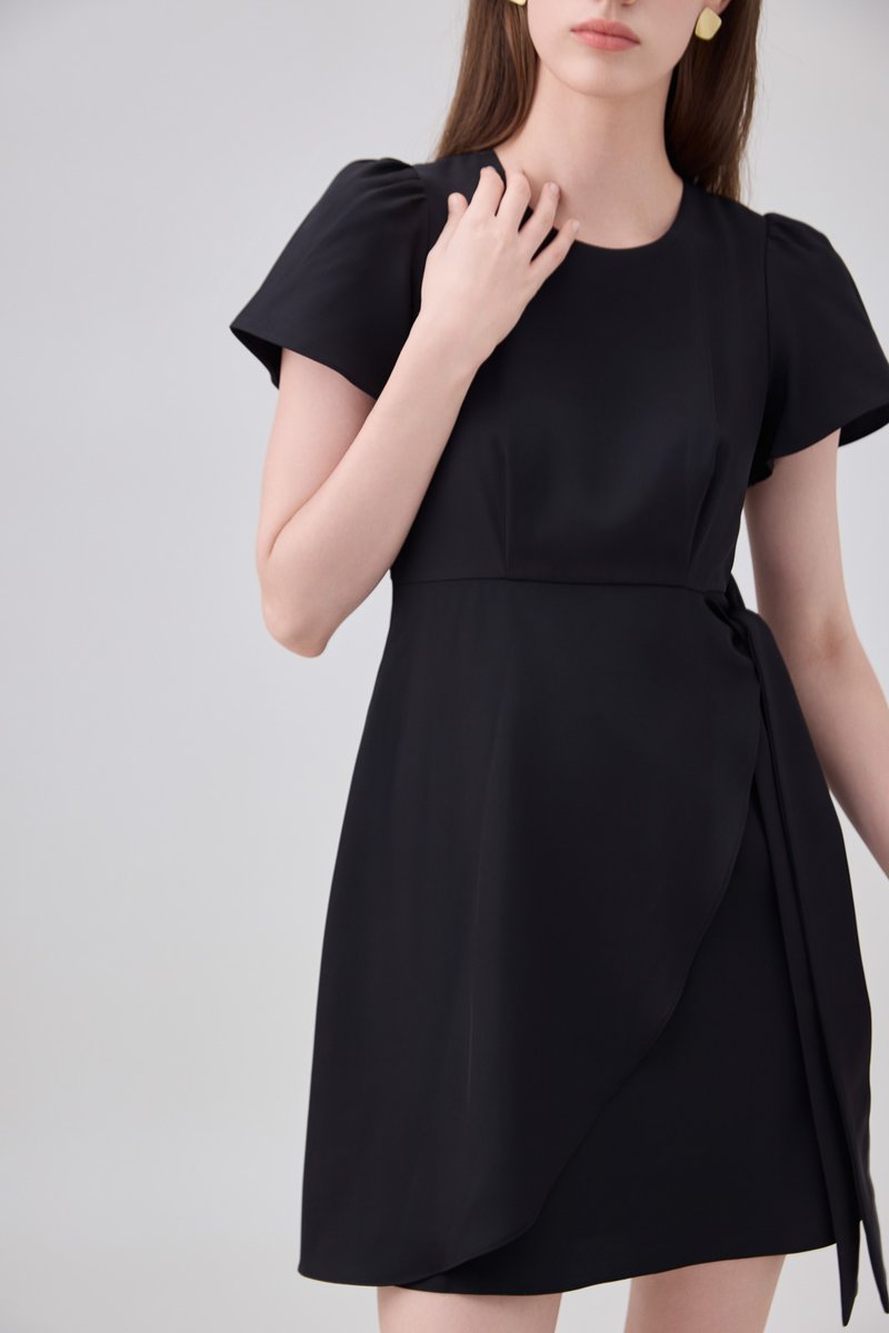Alessia Faux Wrap Ribbon Dress In Black