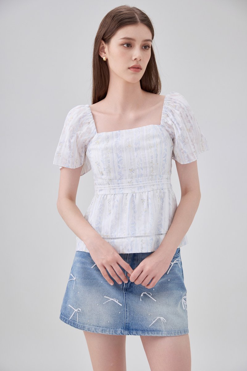 Eira Floral Peplum Top In Blue