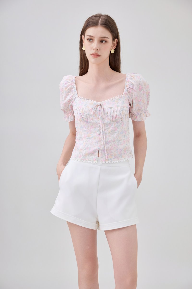 Lilianna Pintuck Crochet Floral Top