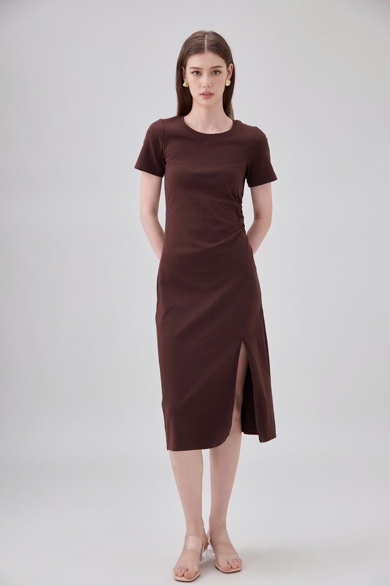 Osborn Cotton Slit Midi Dress In Brown