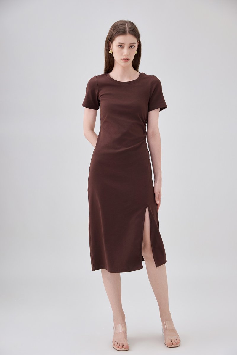 Osborn Cotton Slit Midi Dress In Brown