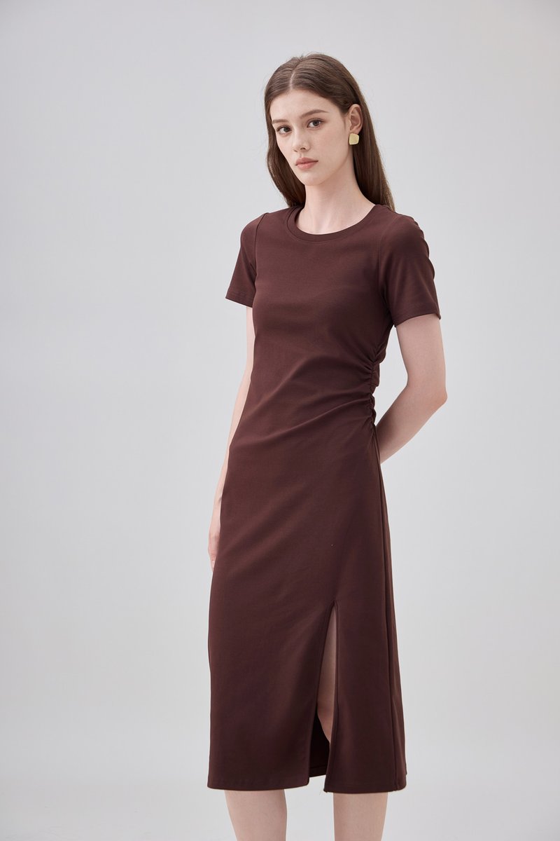Osborn Cotton Slit Midi Dress In Brown