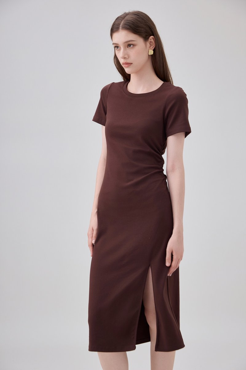 Osborn Cotton Slit Midi Dress In Brown