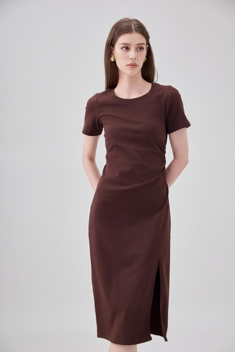 Osborn Cotton Slit Midi Dress In Brown