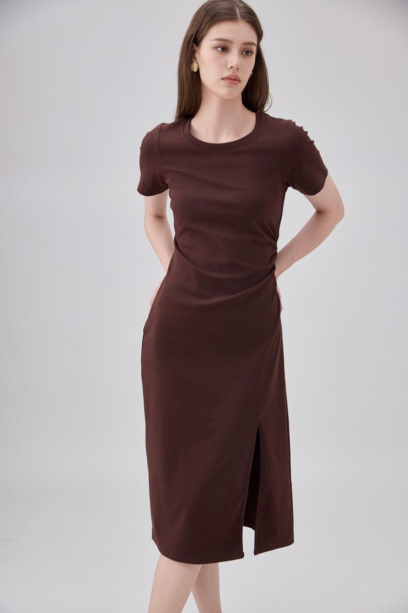 Osborn Cotton Slit Midi Dress In Brown