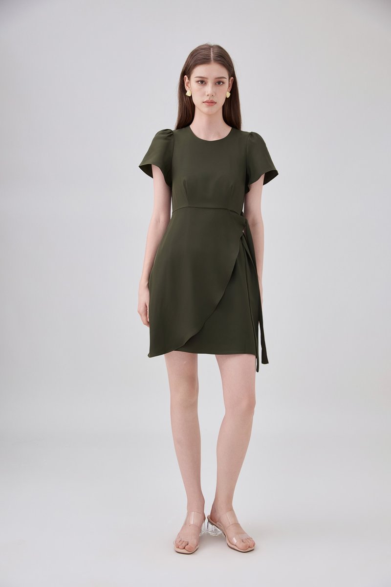 Alessia Faux Wrap Ribbon Dress In Olive