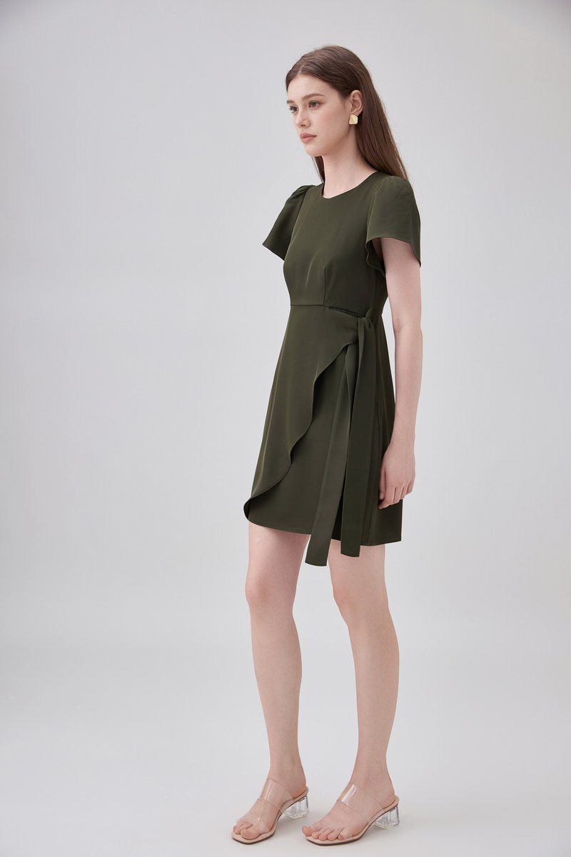 Alessia Faux Wrap Ribbon Dress In Olive