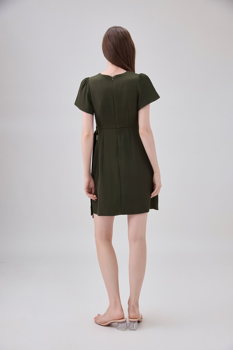 Alessia Faux Wrap Ribbon Dress In Olive