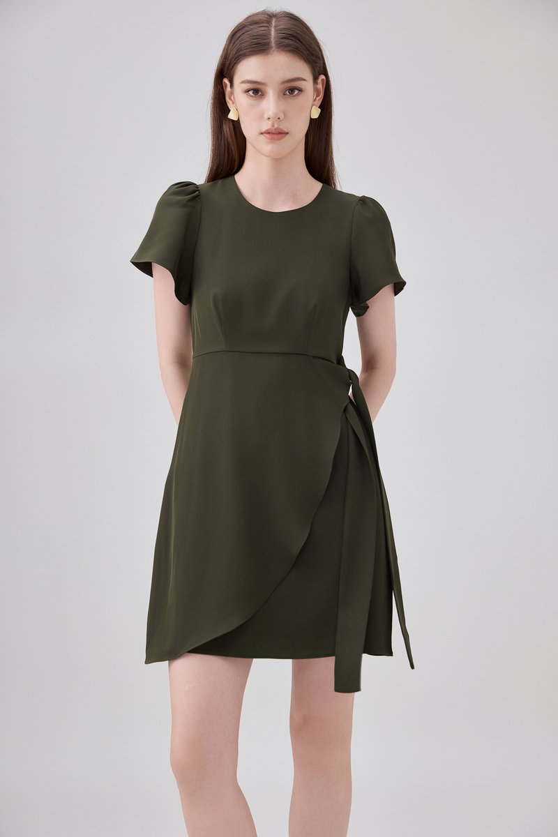 Alessia Faux Wrap Ribbon Dress In Olive