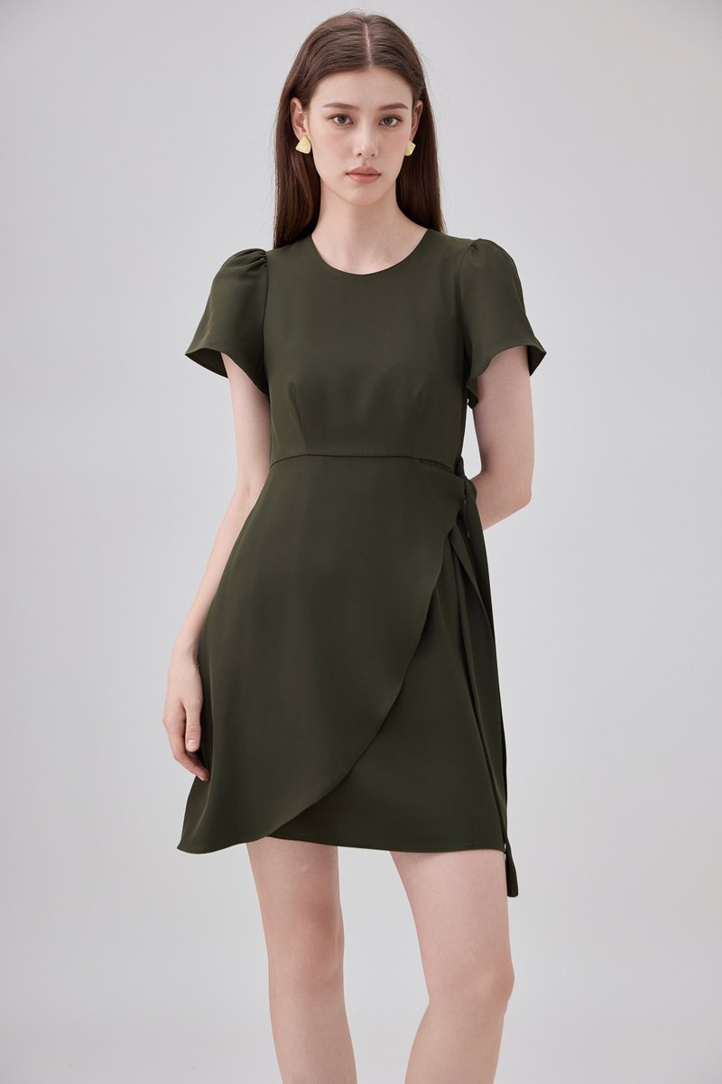 Alessia Faux Wrap Ribbon Dress In Olive