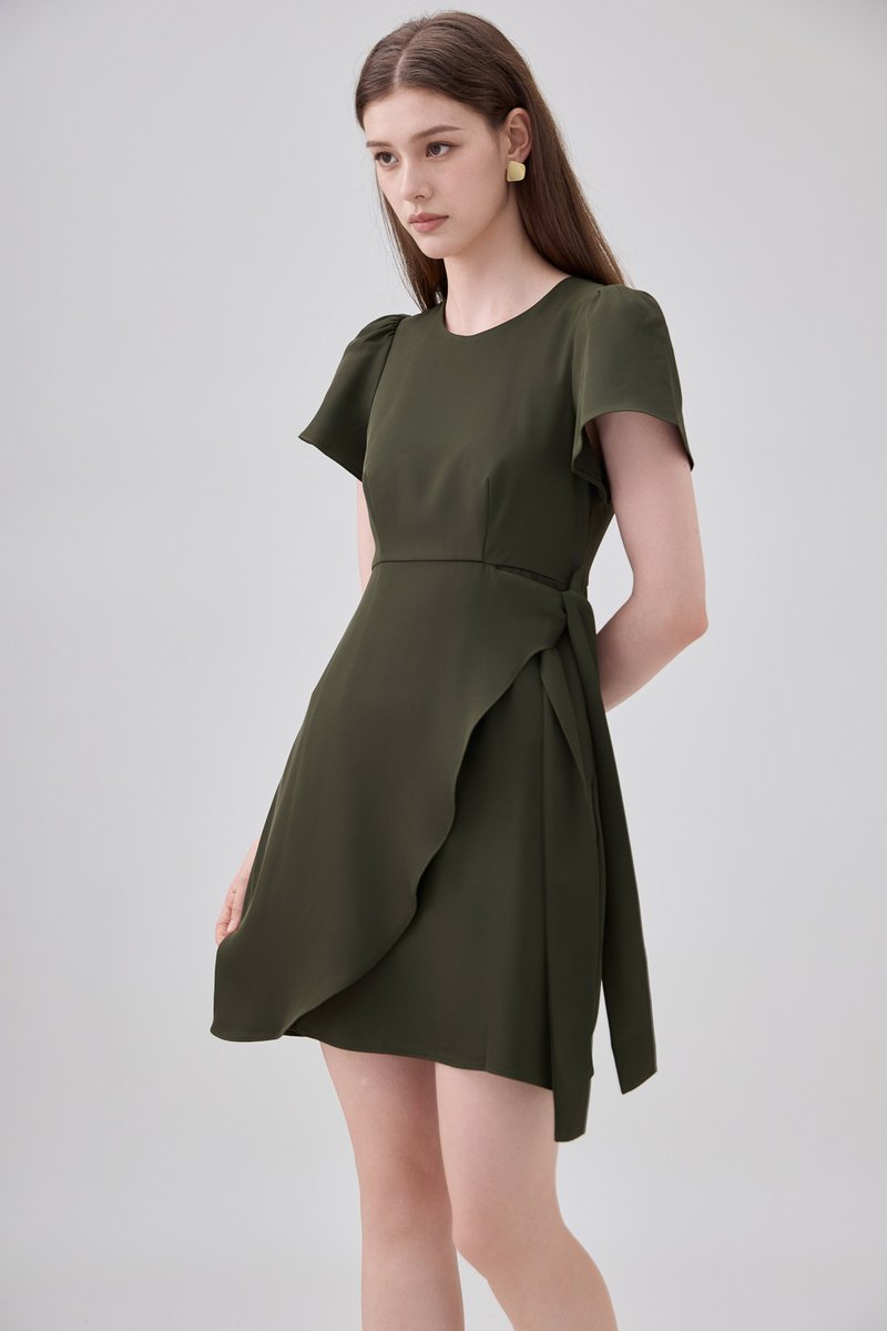 Alessia Faux Wrap Ribbon Dress In Olive