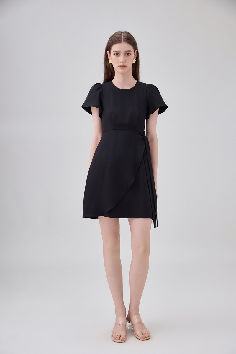 Alessia Faux Wrap Ribbon Dress In Black