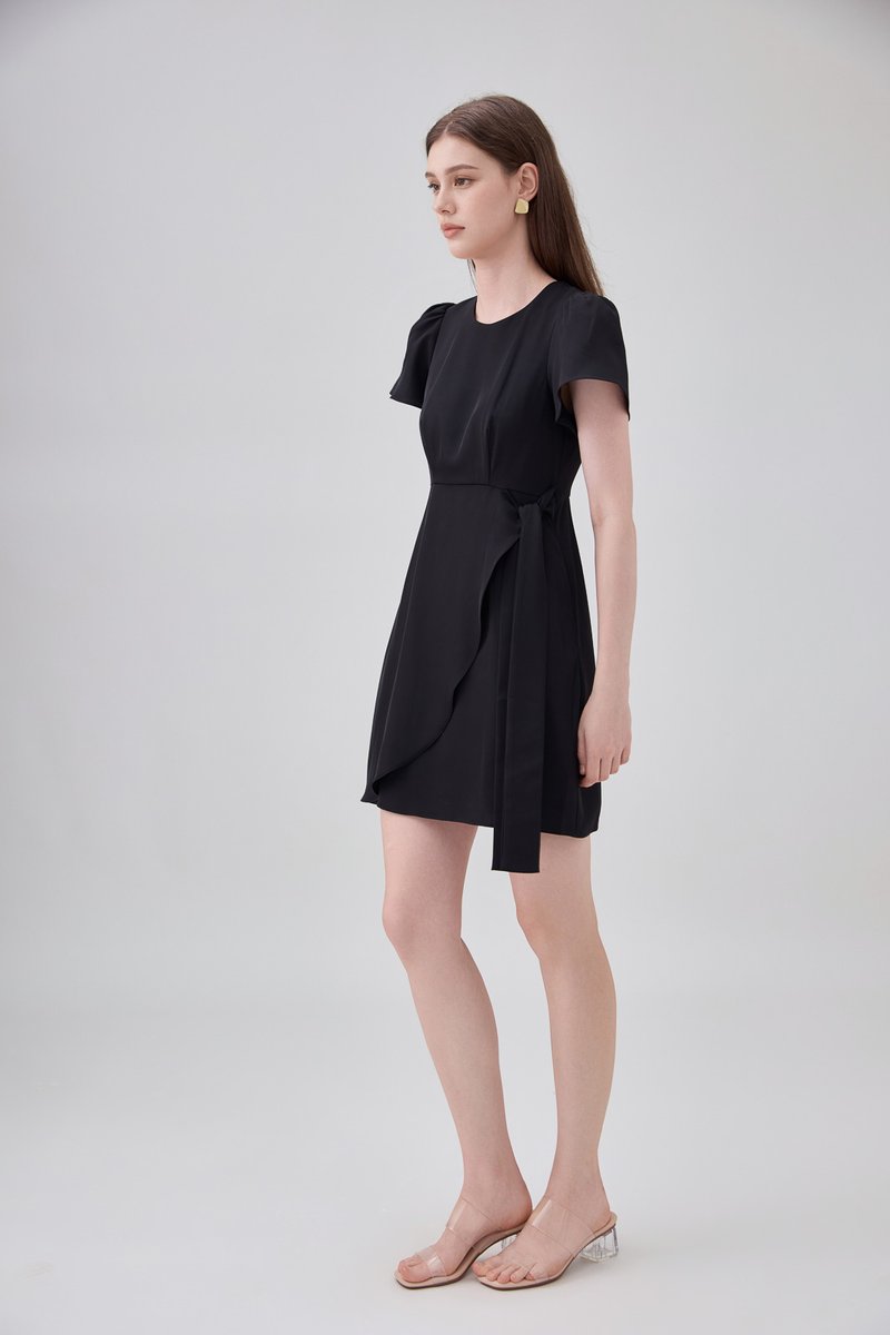 Alessia Faux Wrap Ribbon Dress In Black