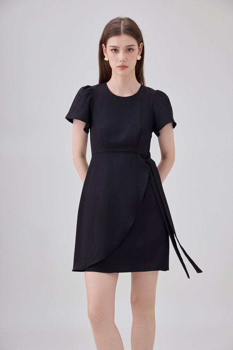 Alessia Faux Wrap Ribbon Dress In Black