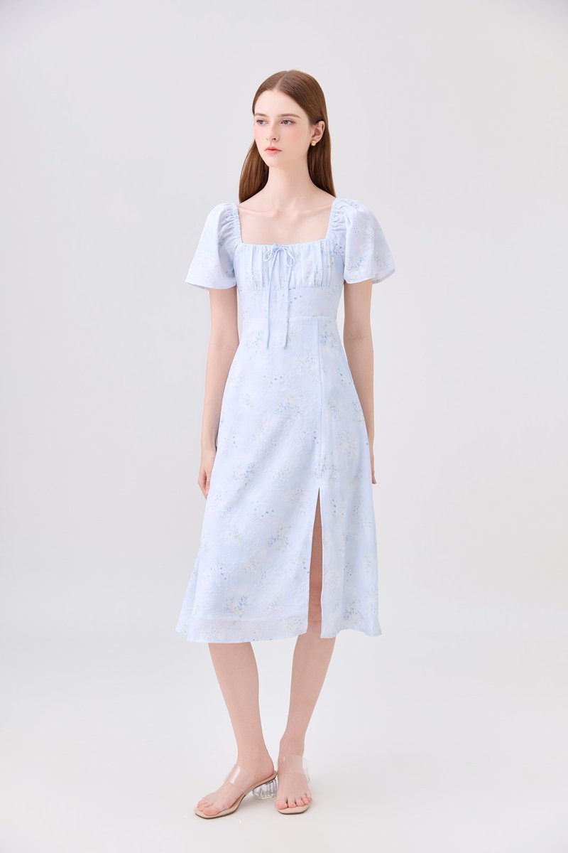 Soraya Ruched Floral Midi Dress In Soft Blue