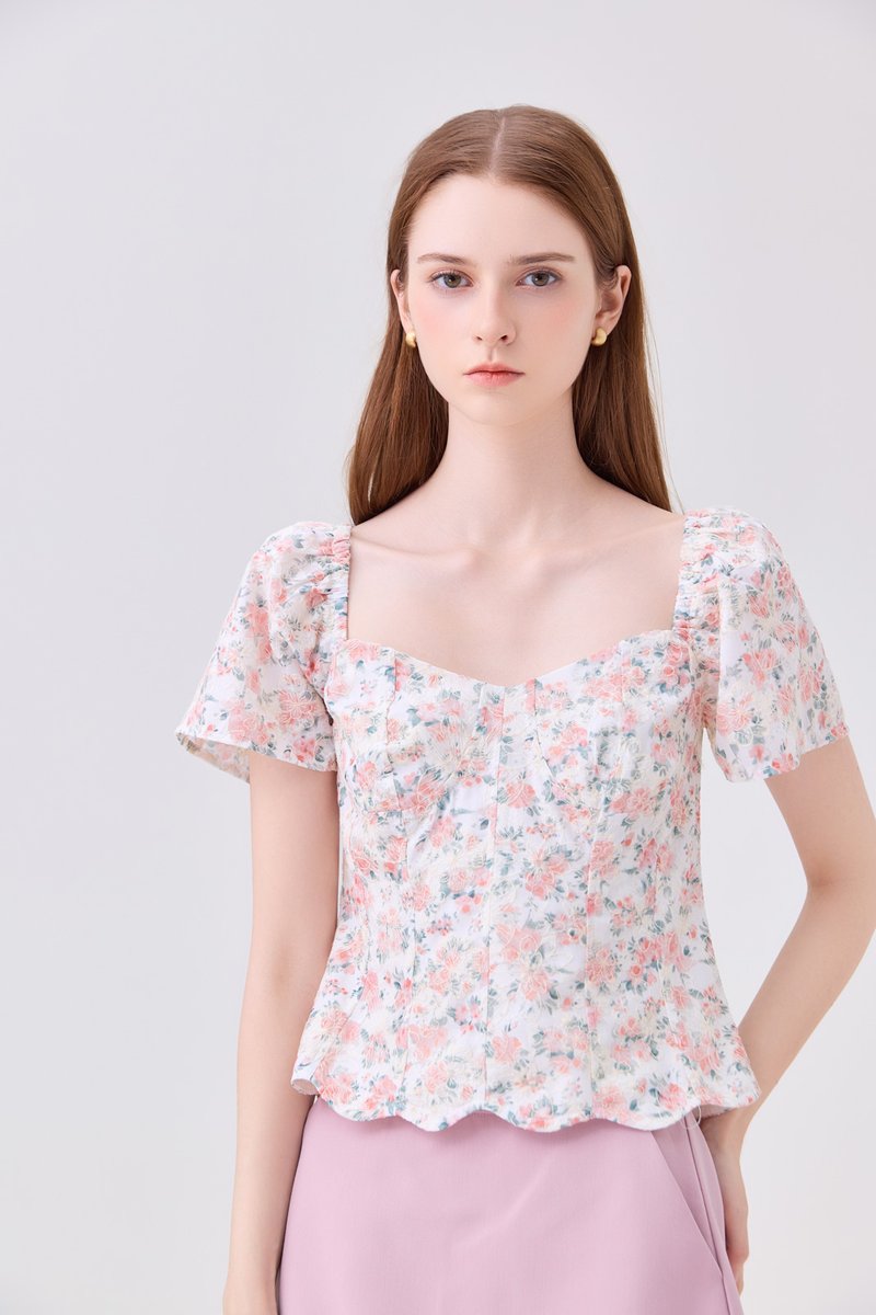 Milani Embroidery Panelled Floral Top In Rose