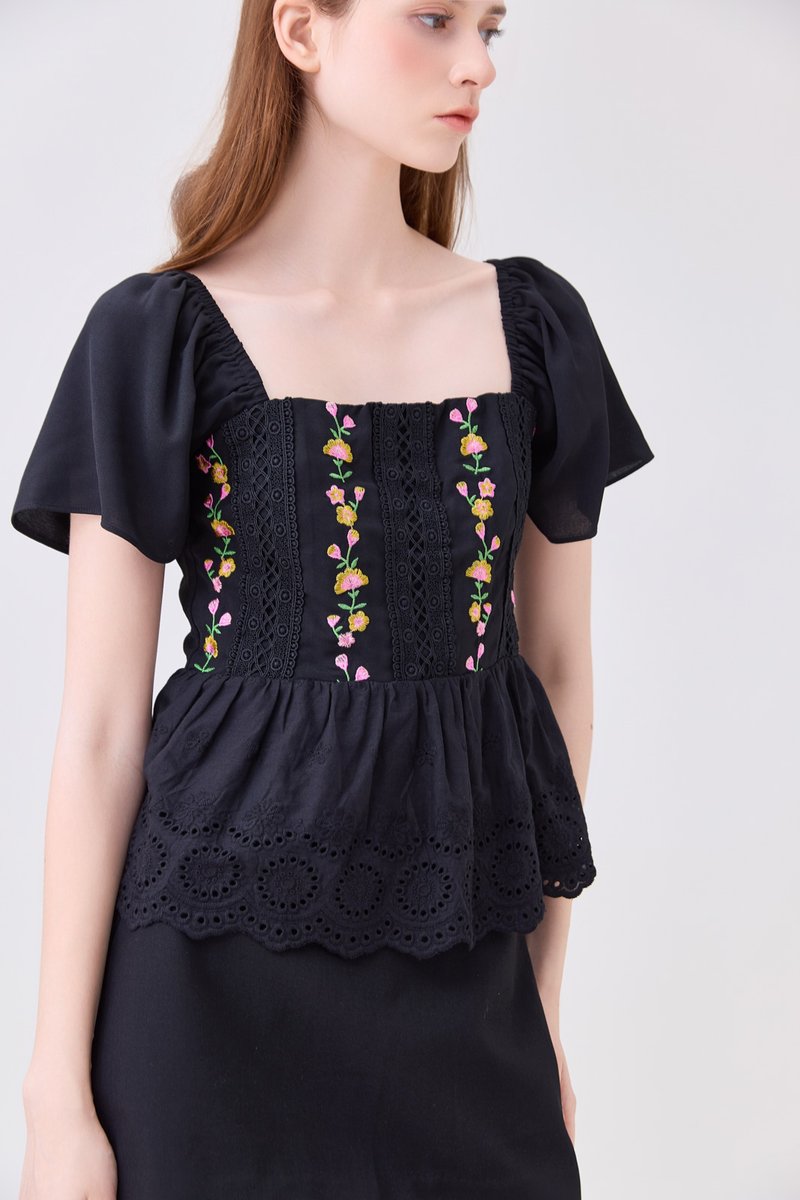 Rosalie Embroidered Eyelet Babydoll Top In Black